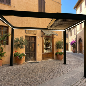 Pergola moderne en aluminium rectangulaire, noire, avec revêtement en poudre, pour patio extérieur, avec éclairage LED et terrasse en bois - Product Image 1