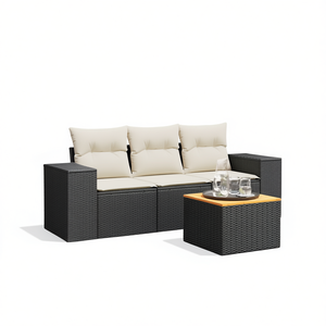 Cream White And Black Garden <b>Sofa</b> Set <b>Rattan</b> Outdoor Furniture 3 Seater Contemporary Design - Product Image 1