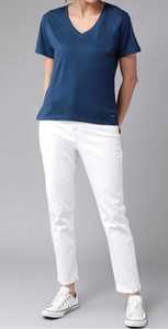 T-shirt à col en V pour homme, manches courtes, motif bleu marine, coupe classique, décontracté, tricoté, respirant, écologique, anti-boulochage, jersey - Product Image 1