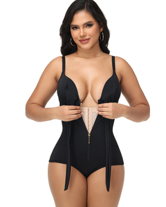 Maillot de bain une pièce gainant pour femme avec fermeture éclair frontale et nœud, effet ventre plat et amincissant, pour la plage - Product Image 2
