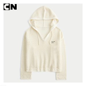 Suéter con Certificación GRS, Fabricante de Suéteres, Diseño Personalizado con Logotipo, Suéter de Mujer con Capucha, Cuello en V, Estilo Crochet, Calado, de Algodón y Poliéster - Product Image 2