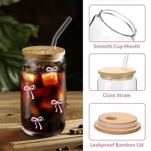 500 ml Pembe Kurdeleli Sevimli Cam Bardaklar, Kapaklı ve Pipetli, Buzlu Sütlü Kahve, Smoothie, Kokteyl, Matcha, Meyve Suyu için Bardak - Product Image 4
