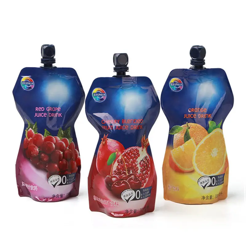 Logotipo impreso personalizado de fábrica, papel de aluminio de grado alimenticio con forma especial, embalaje de jugo de fruta, bolsa con boquilla de pie