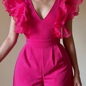 Mono de mujer 2025 OEM de moda con cuello en V, manga corta, cintura alta, patchwork, cremallera, volantes y pierna ancha de color liso - Product Image 1