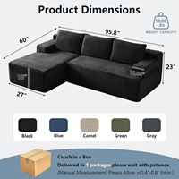 Nouvel Arrivage Canapé Modulable Noir Sans Structure avec Chaise Longue, Assise Profonde, Largeur 96 Pouces, en Forme de L, pour Salon