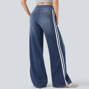 Jean évasé vintage <span class=keywords><strong>bleu</strong></span> délavé pour femme, coupe <span class=keywords><strong>ample</strong></span>, taille élastique, en tissu Oxford anti-plis, idéal pour l'été - Product Image 6