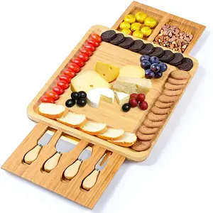 Ensemble de planche à fromage en bambou avec planche à fromage en ardoise et porte-outil comprenant 4 couteaux à fromage planche à découper en bambou