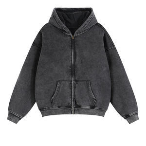 Wholesale Blank Embroidered <b>Hoodies</b> Unisex Drop Shoulder High Quality <b>Black</b> Mens Oversized Fleece Acid Wash Full Zip Up <b>Hoodies</b> - Product Image 2