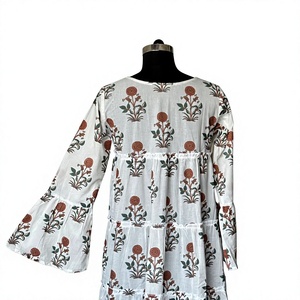 Women's <b>Bohemian</b> <b>Summer</b> Breathable ODM Floral Print Tiered Mini Babydoll <b>Dress</b> with Puff Sleeves 100% Cotton A-Line Silhouette - Product Image 1