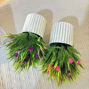 Plantes artificielles nordiques en pot, mini-herbe avec fleurs, pot à rayures blanches et dorées, décoration d'intérieur, ornement de salon, 21 pouces - Product Image 4