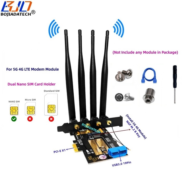PCIe X1 PCI-E 1X to NGFF M.2 Key-B Wireless Adapter With 2 Nano SIM Card Slot + 4 Antennas for 5G 4G LTE WWAN Module Modem