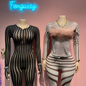 2026 <strong>Women</strong> Valentine See Through Seamless Striped Jacquard One Piece Long Sleeve Jumpsuit <strong>Sexy</strong> <strong>Outfits</strong> for Woman - Product Image 2