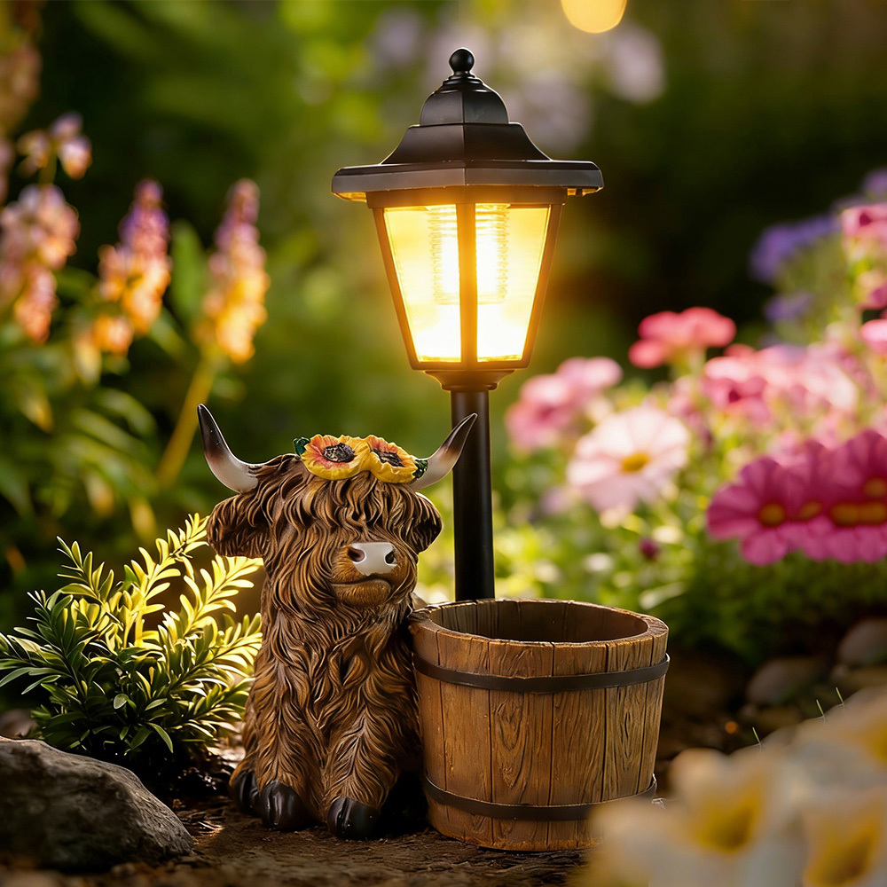 Solar-Powered Resin Highland Cow Lantern Planter Hand-painted Dual