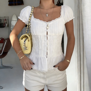 Lace-trimmed Buttons puff sleeves pleated waist detail slim-fitting white summer shirt for young women - Product Image 1