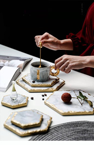 Hot Sale High Quality Hexagon White <strong>Marble</strong> <strong>Coaster</strong> with Gold Rim - Product Image 4