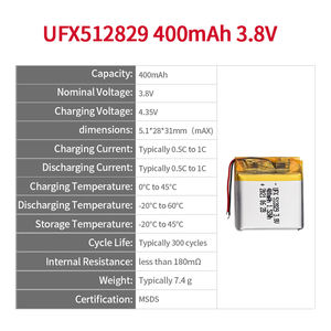 מקצועי ליתיום יון תא יצרן מותאם אישית עבור לעיסוי גבוהה מתח סוללה UFX 512829 400mAh 3.8V <span class=keywords><strong>Lipo</strong></span> הקטן סוללה - Product Image 2