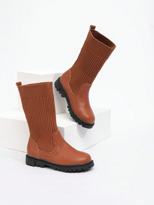 Kids Winter Fashion Solid Color Leather Knitted Over Ankle <b>High</b> Leg Children Long Boots - Product Image 3