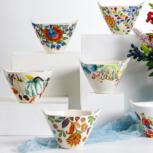 Ciotola di pasta dipinta di colore creativo stile pastorale cappello di bambù binaurale in ceramica ciotola rosa verbosa pentola calda personalizzata per la casa - Product Image 3