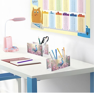 Organisateur de vanité en acrylique imprimé UV motif paon esthétique, support multifonctionnel pour pinceaux de maquillage et boîte de rangement de papeterie de bureau - Product Image 5
