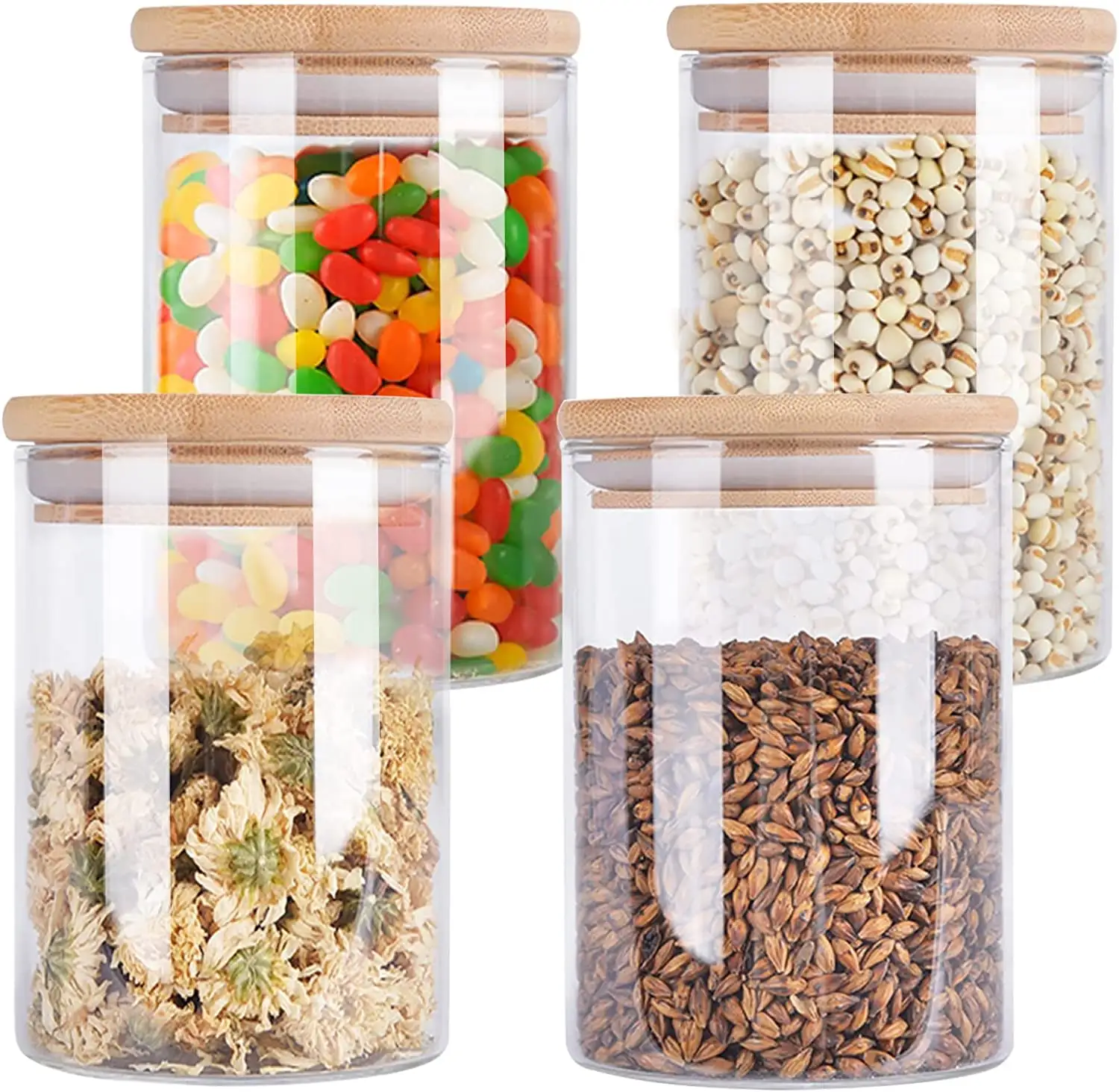 4 Pack 24 OZ Clear Food Glass Storage Jar, Glass Kitchen Canisters, Clear Container with Airtight Bamboo Wooden Lid