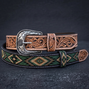 Ceinture en cuir brodée style western avec motif géométrique perlé, boucle en alliage argenté, style décontracté, durable, fabriquée à la main, pour usage quotidien - Product Image 1