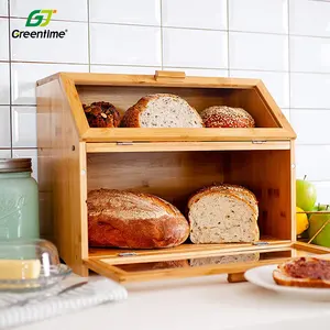 木制面包盒安全磁力锁2层竹面包盒，用于带亚克力窗户的厨房台面