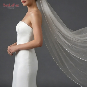 Voile de mariée cathédrale de luxe YouLaPan V179 fait main avec perles, maille scintillante monocouche <span class=keywords><strong>et</strong></span> peigne à cheveux en métal - Product Image 5