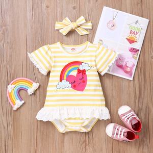2021 Summer Baby Bodysuit 2 Pcs <strong>Lace</strong> Striped Love Rainbow Short Sleeve Baby <strong>Rompers</strong>+bow Headband Casual Sweet Baby Clothes 0-18M - Product Image 2