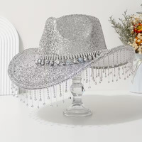 Chapeau de cowboy bohème en gros avec franges en strass et cristaux argentés, idéal pour enterrement de vie de jeune fille, mariage, chapeaux de fête personnalisés pour femmes