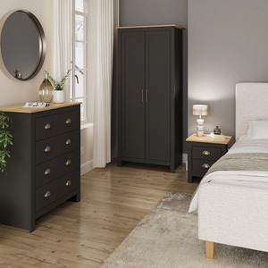 Fournisseur de la Chine, ensemble de chambre à coucher 4 pièces style <span class=keywords><strong>cottage</strong></span> campagnard noir, meubles avec grand espace de rangement, dessus à effet chêne contrasté