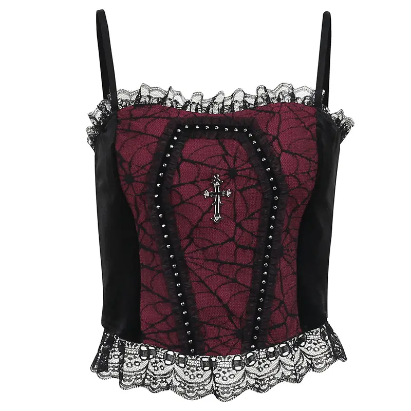 Schwarzes rotes Kreuz geschnürt Sargform Luxus Gyaru Emo Grunge Y2K Goth Spaghetti träger Tank Top Alt Hexen kleidung für Frauen