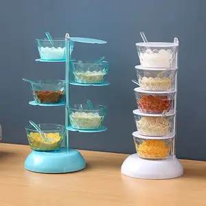 Tarros de condimentos con cuchara, accesorios de cocina, 5 capas, almacenamiento de condimentos de plástico, caja de condimentos giratoria