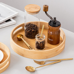Bandeja de servir redonda de bambú, juego de café con molinillo y frasco para uso en la cocina - Product Image 1