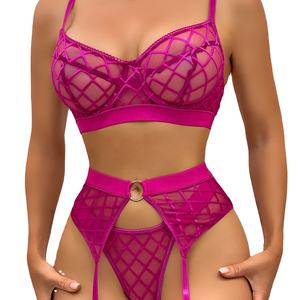 La biancheria Sexy calda delle donne scava fuori la biancheria intima di tre pezzi della maglia con la camicia da notte della guarnizione della vita del sesso trasparente delle giarrettiere - Product Image 1