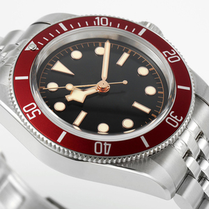 Montre de plongée automatique de luxe 41 mm, boîtier en acier inoxydable, lunette bordeaux, bracelet style vintage - Product Image 3