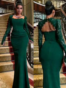 Vestido de Noche Elegante para Mujer, Estilo Nuevo, Formal, Largo hasta el Suelo, de Cachemira con Encaje, Cuello Cuadrado, Color Borgoña, de Secado Rápido - Product Image 4