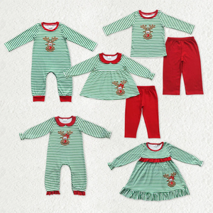 Kids <b>Girls</b> Christmas Embroidery Deer Green Stripes Top and Red Color Pants <b>Sets</b> - Product Image 3