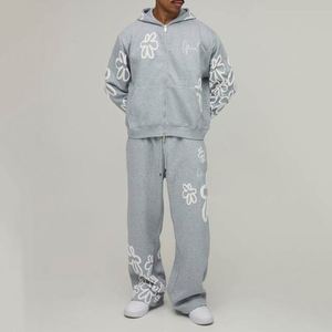 Sweat-shirt à capuche gris chiné à imprimé floral, pantalon de survêtement à motif floral sur toute la surface, ensemble de survêtement deux pièces personnalisé pour homme - Product Image 1