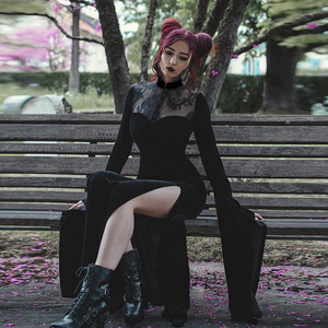 Disfraz de Bruja para Halloween, Vestido Gótico con Encaje, Cintura Alta, Falda <span class=keywords><strong>Maxi</strong></span> Sexy con Abertura, Estilo Europeo-Americano, Mangas Campana - Product Image 3