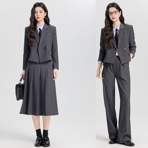 Women's Grey Suit Set With Skirt And Trousers Full Sleeve Worsted Anti-Wrinkle Office Lady Commuting To <b>Work</b> - Product Image 1