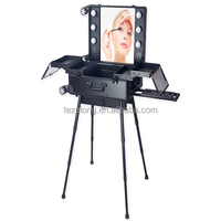 Trousse de maquillage pliante avec tiroirs Studio Makeup Artist Cosmetic Case avec ampoule réglable Leg Mirror Cosmetic Box