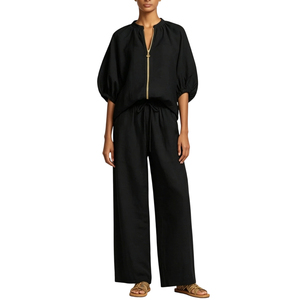 Conjunto Casual de 2 Peças em Cor Sólida com Blusa de Zíper Frontal e Calças Largas com Cordão para Mulheres Sehe Fashion - Product Image 2