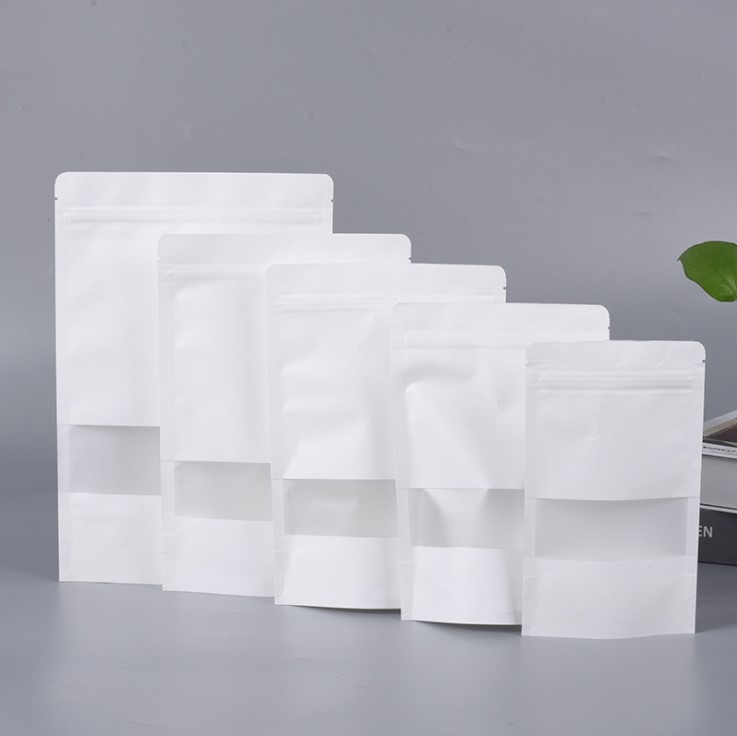 Kraft Stand Up Paper Bags With Clear Window, Brown Kraft Paper Aluminum Foil Reusable Sealable pouch bags