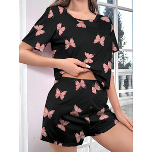 Conjunto de Pijama para Mujer Z133 con Estampado de Mariposas, Camiseta de Manga Corta con Cuello Redondo de Poliéster y Pantalones Cortos, Ropa de Dormir de 2 Piezas al por Mayor - Product Image 4