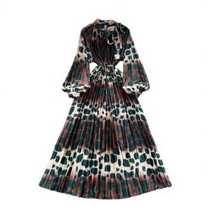 Túnica de Verano con Cuello de Lazo para Vestido Midi Plisado para Mujer, Manga Farol, Estampado Impreso, Encaje, Sostenible, Transpirable, Lavable - Product Image 3