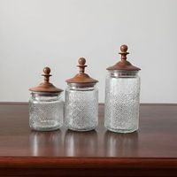 Pot en verre gaufré vintage transparent avec motif fleurs Crabapple, récipient décoratif avec couvercle en bois de noyer scellé en silicone