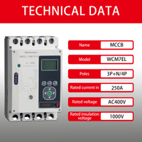 Disjoncteur intelligent à réenclenchement automatique 4P 250A AC 400V 35/50kA MCCB, protection contre les surcharges, interrupteur multifonction, disjoncteur à boîtier moulé