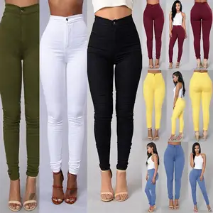 De las mujeres de la moda Pantalones Plus tamaño S-4XL color caramelo Delgado estiramiento lápiz Pantalones Mujer Pantalones