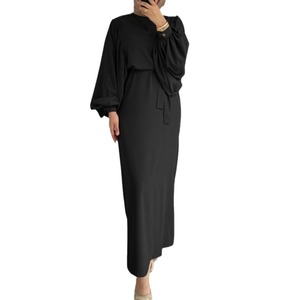 Venta al por mayor vestidos de túnica musulmana Abaya musulmana <span class=keywords><strong>Color</strong></span> sólido O-<span class=keywords><strong>beck</strong></span> suelta nueva moda mujeres Maxi Vestido de manga larga - Product Image 6