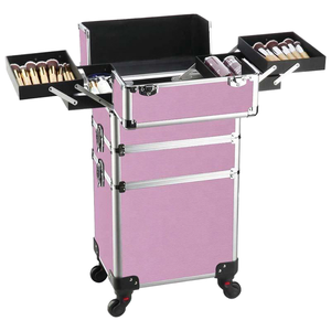 Professional 3-in-1 Rolling <b>Makeup</b> Trolley Organizer Beauty Cosmetic Train <b>Case</b> Logo Made Leather Soft Bag - Product Image 1